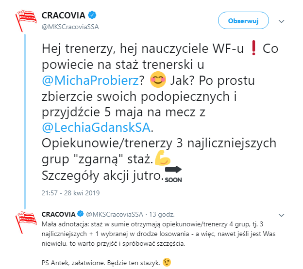 Jak zdobyć staż u trenera Probierza? SUPER AKCJA CRACOVII